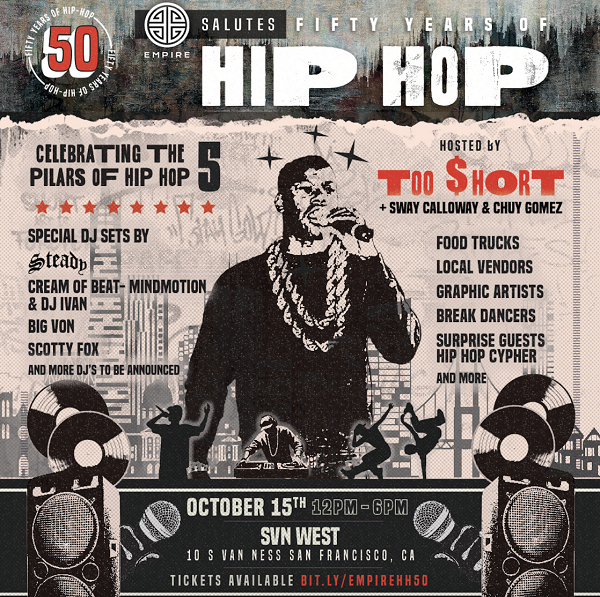 Independent record label EMPIRE is set to commemorate 50 years of hip hop with a special concert in San Francisco on Oct. 15, 2023. 
